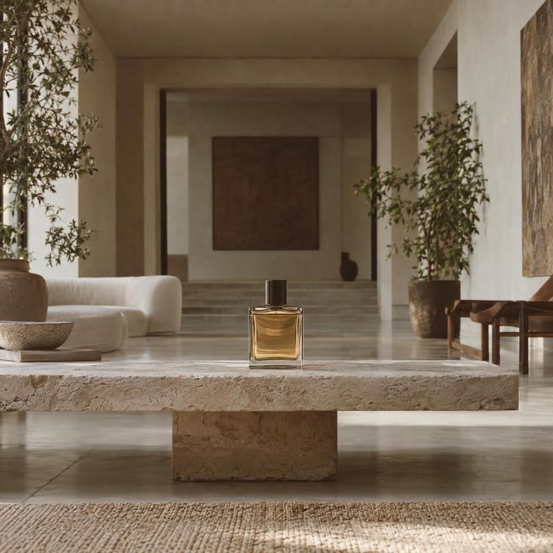 perfume bottle lifestyle scene product photo: An amber perfume bottle sits centered on a stone coffee table in a spacious, neutral-toned interior, with soft na…