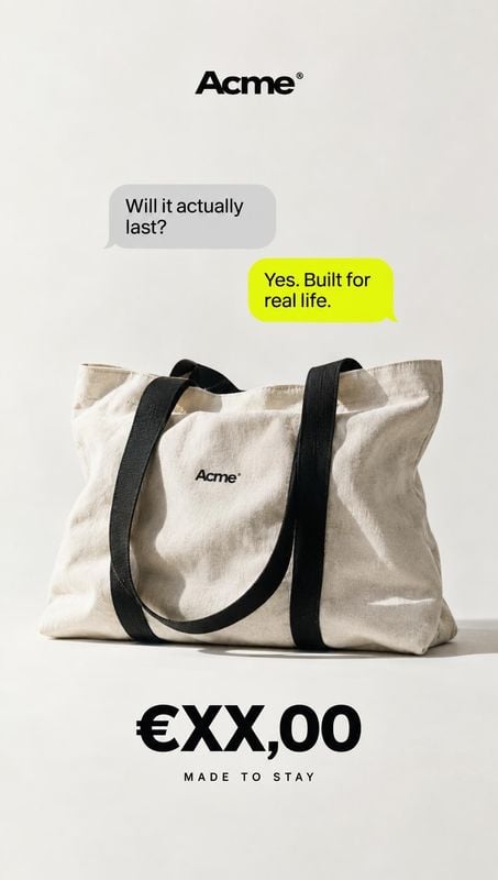 canvas tote bag packshot product photo: A natural canvas tote with dark straps sits on a pale studio surface beneath bold pricing and chat-style copy, creating…