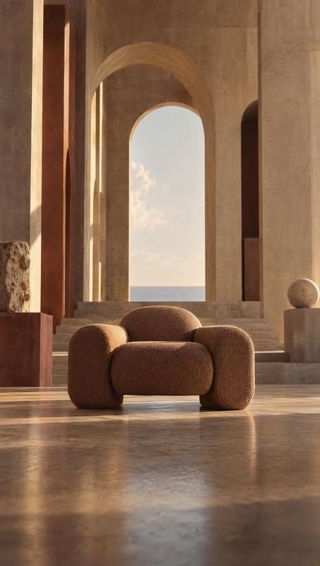 upholstered lounge chair interior space product photo: A sculptural brown upholstered lounge chair sits in a monumental stone interior with arched openings, ba…