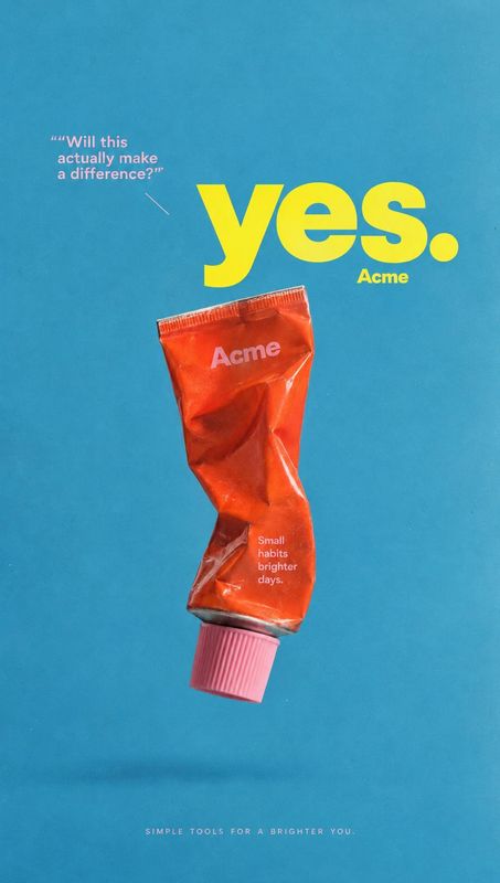 skincare tube floating product product photo: A crumpled orange skincare tube with a pink cap floats against a bright turquoise background, paired with bold ye…
