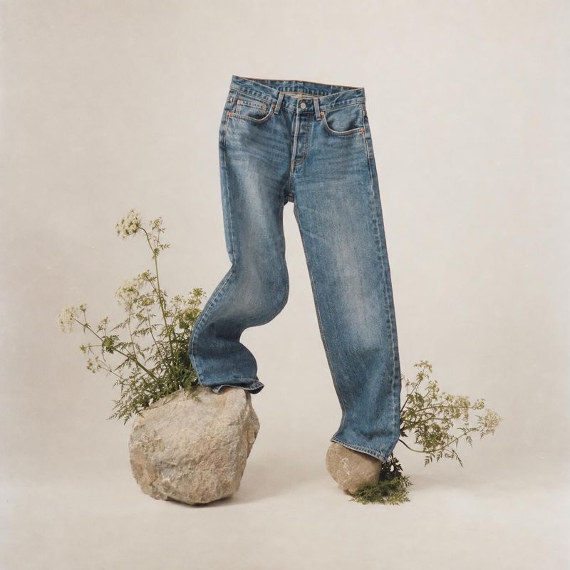 blue jeans ghost mannequin product photo: Blue jeans are styled upright over rocks with small sprigs of greenery against a softly lit neutral backdrop, creatin…