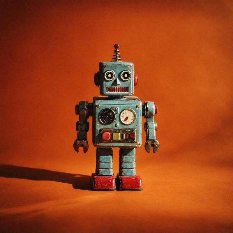 toy robot toys product photo: A vintage-style blue tin robot stands centered against a warm orange studio backdrop, lit dramatically to cast a long shadow and…