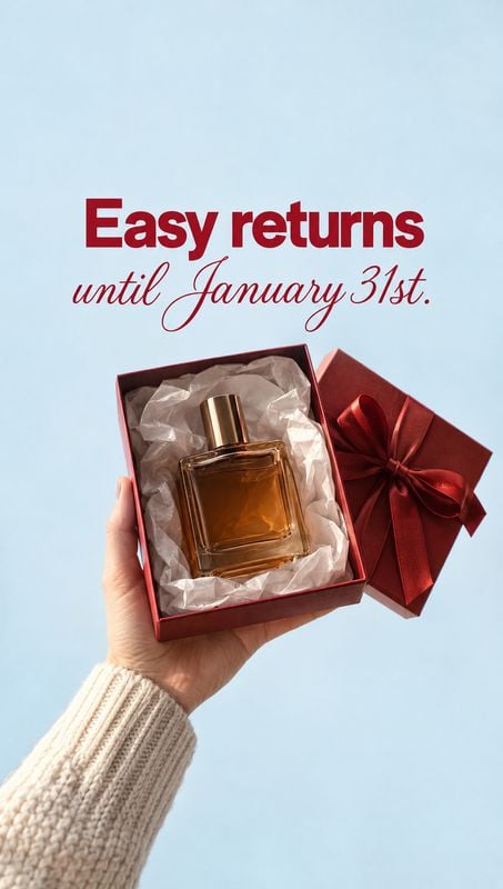 perfume product in hand product photo: A hand in a cream knit sleeve presents amber perfume in an open red gift box against a pale blue backdrop, with bold red…