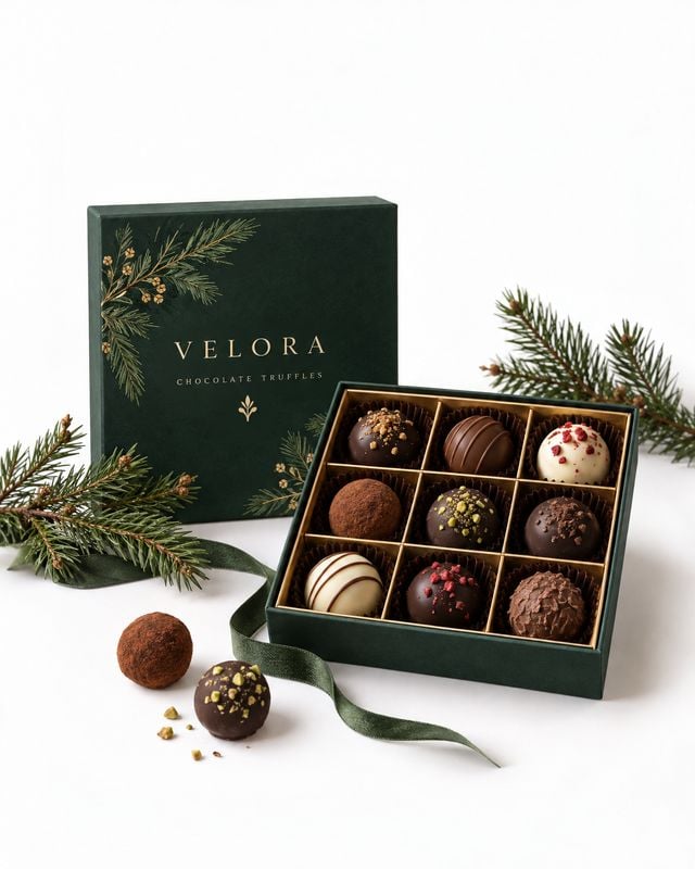 chocolate truffles christmas product photo: An open box of assorted chocolate truffles sits beside its dark green gift box, styled with evergreen branches on a…