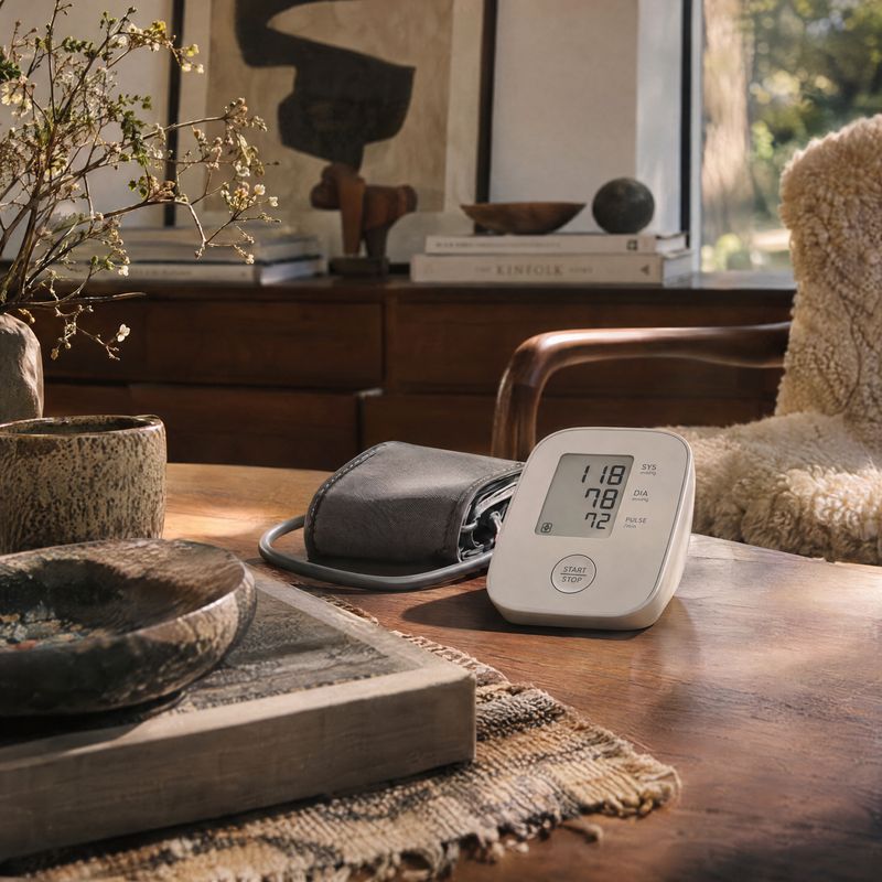 digital blood pressure monitor product photo: A digital blood pressure monitor and cuff sit on a wooden table in a warmly styled living room, lit by soft after…