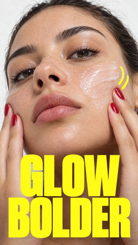face cream on-body detail product photo: A close-up of a woman with glossy skin and red nails gently applying cream to her cheek, paired with bold neon-yellow…