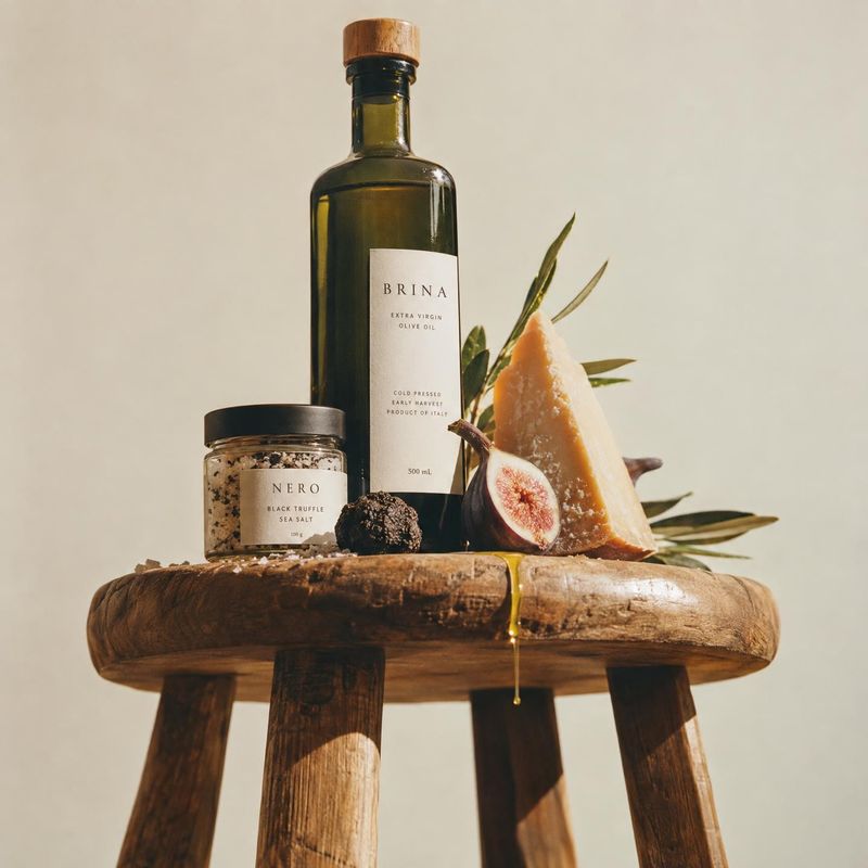 olive oil black friday product photo: A bottle of olive oil and a jar of truffle salt are styled with figs, cheese, and olive branches on a rustic wooden stool…