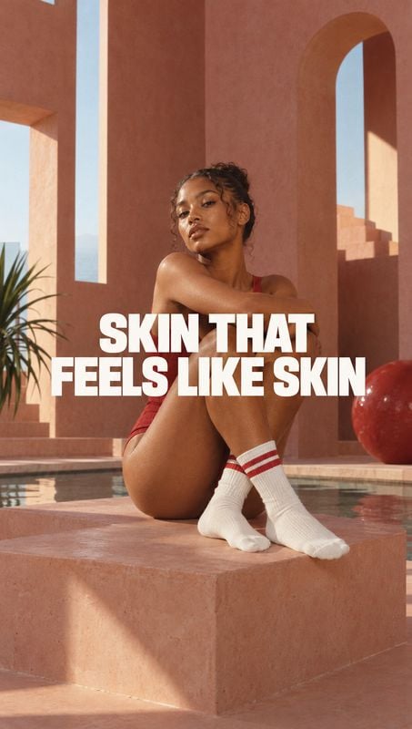 striped crew socks exterior / architecture product photo: A woman in striped white socks and red clothing poses beside a reflecting pool in a warm terracotta a…