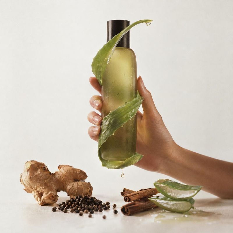 bottle of personal-care product product in hand product photo: A hand presents a green-tinted bottle wrapped in fresh aloe, with ginger, cinnamon, and pepper a…