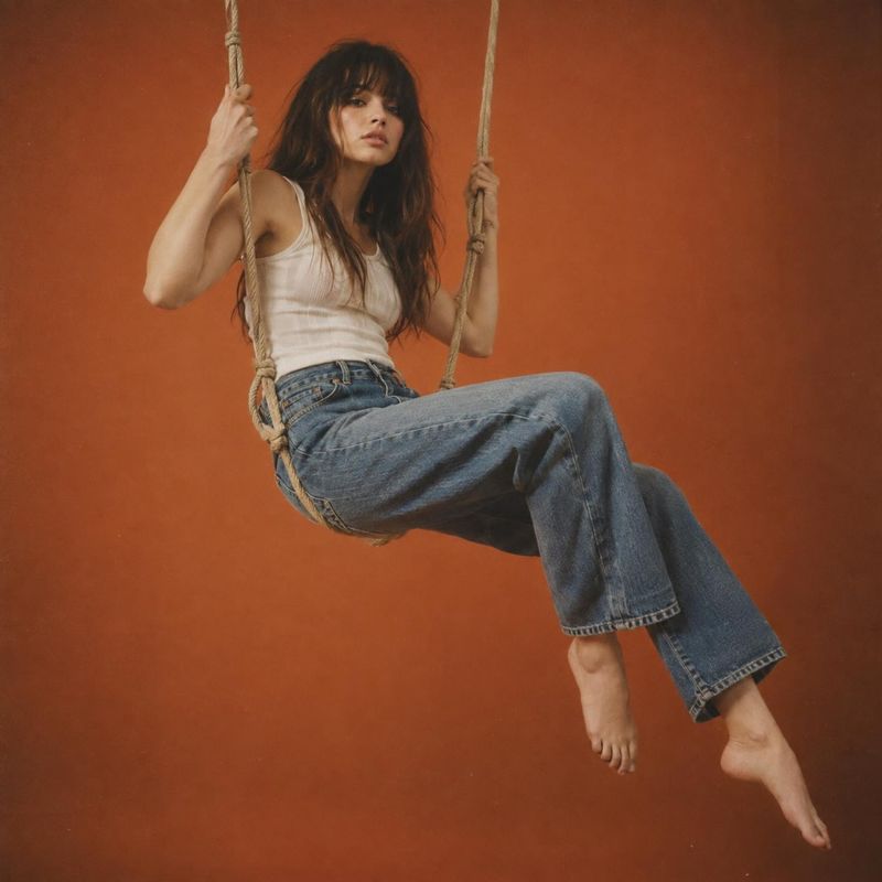 wide-leg jeans action & motion product photo: A model in wide-leg jeans and a white tank top poses on a rope swing against a warm terracotta studio backdrop, w…