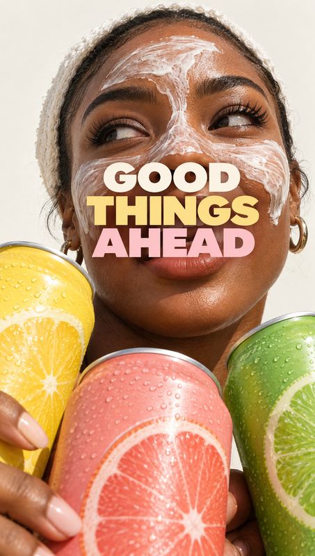 citrus beverage cans product in hand product photo: A close-up studio portrait shows a smiling woman with a cream facial mask holding colorful, condensation-co…