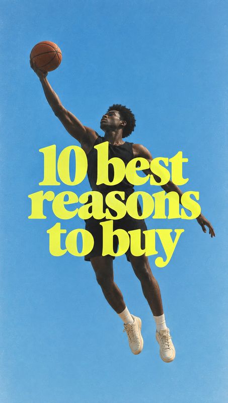 sneakers action & motion product photo: A basketball player leaps toward the hoop against a vivid blue sky, with bold yellow headline lettering layered across…