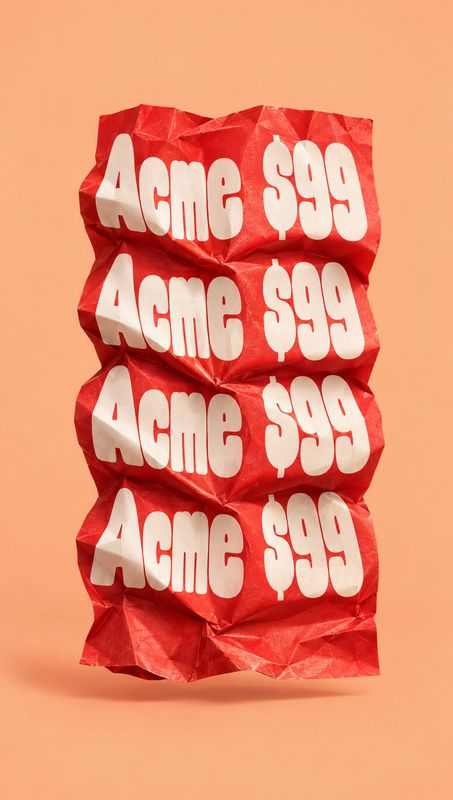 red printed paper bag stationery product photo: A crumpled red paper bag printed repeatedly with bold white “Acme $99” lettering stands against a warm peach st…