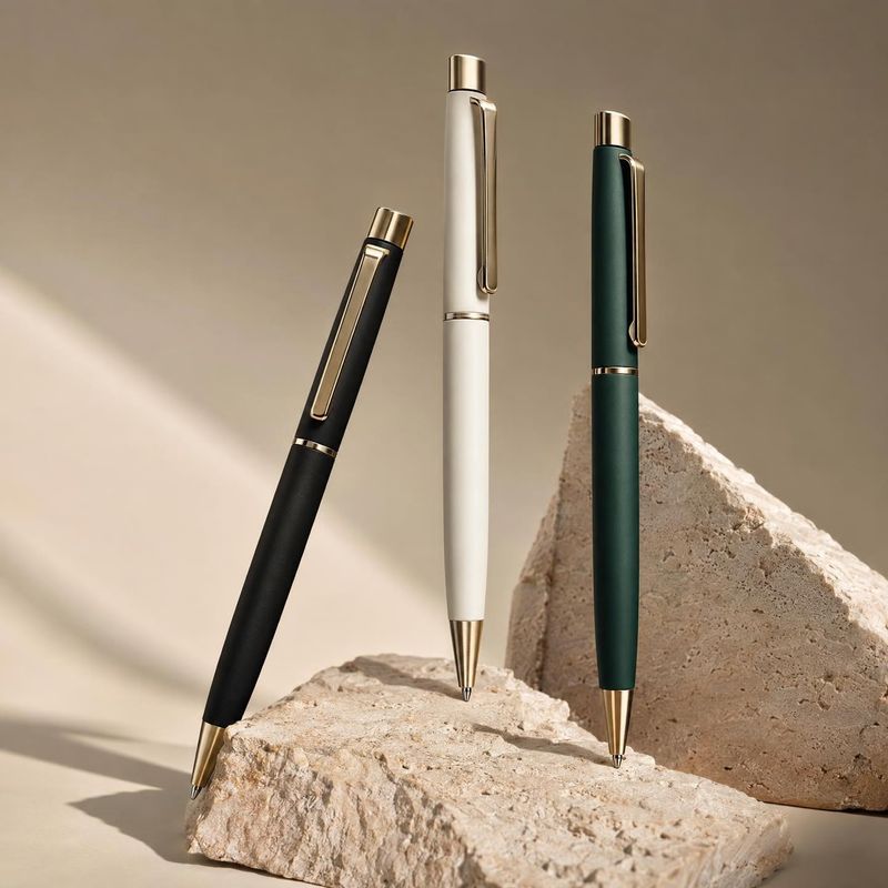 pens stationery product photo: Three sleek pens in black, ivory, and deep green stand among pale stone props against a warm neutral backdrop, lit by soft direc…
