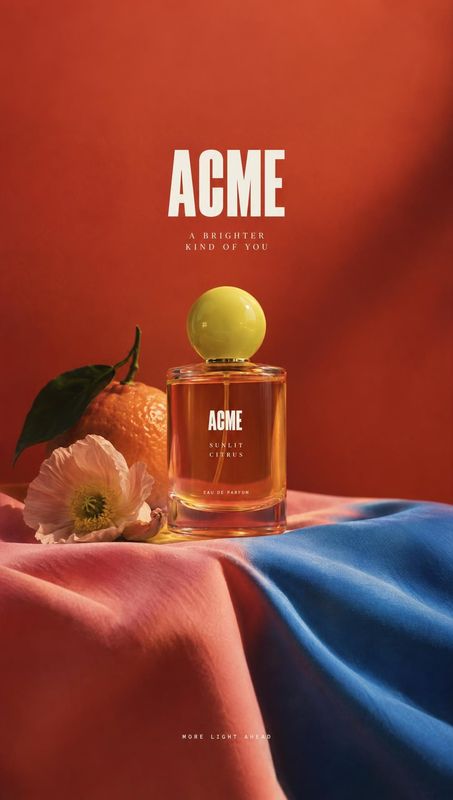 perfume ingredients product photo: An amber perfume bottle with a yellow spherical cap is staged among citrus fruit and a flower on flowing pink and blue fabri…
