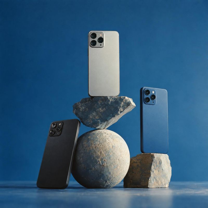smartphones electronics product photo: Three smartphones in black, silver and blue are arranged on stone props against a seamless blue backdrop, with crisp dir…