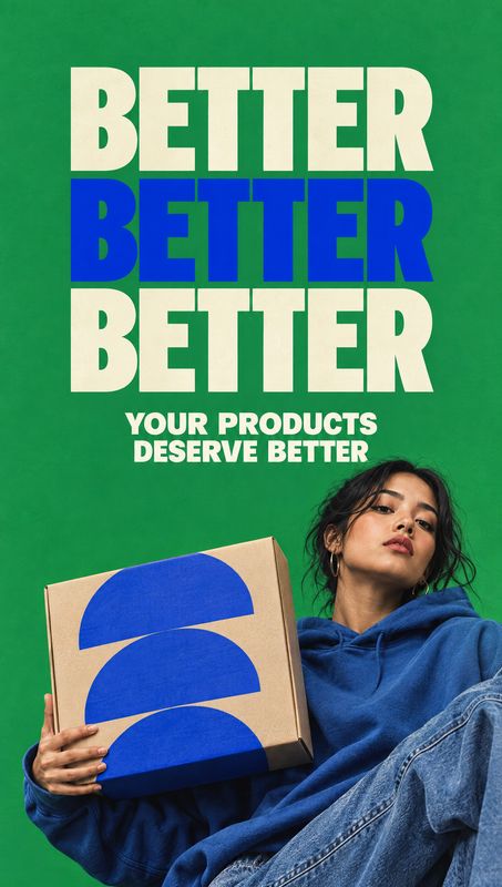 product box product in hand product photo: A woman in a blue hoodie holds a kraft box with bold blue graphics against a vivid green studio backdrop, beneath ov…
