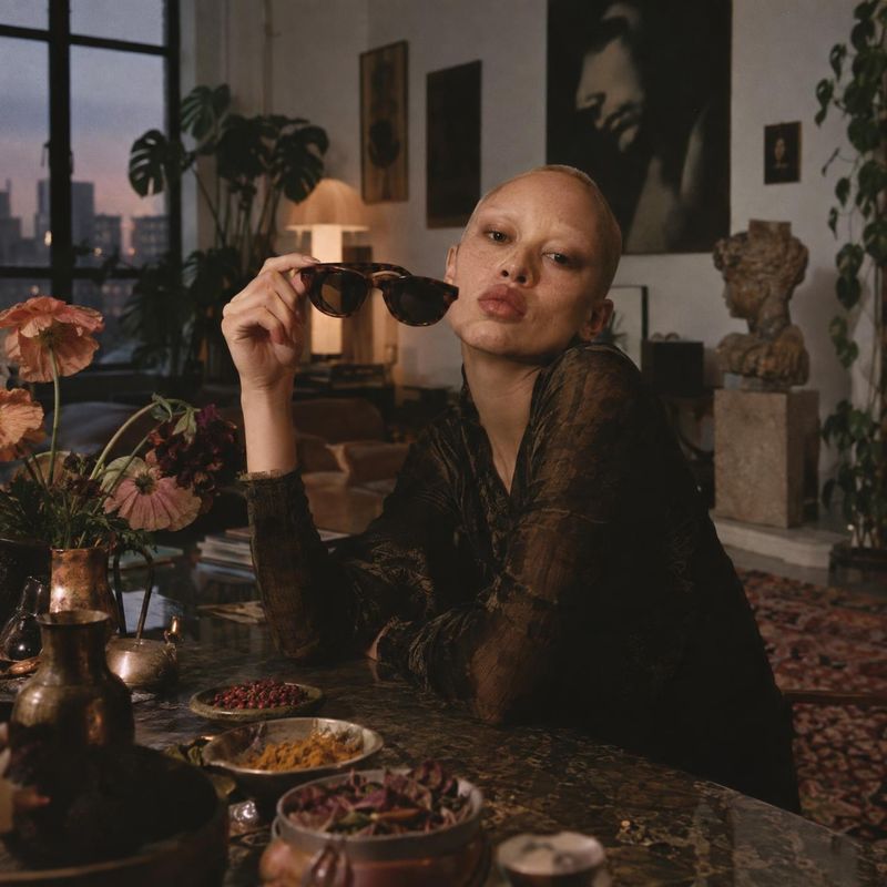 sunglasses product in hand product photo: A closely framed model poses in a dim, warmly lit eclectic interior, holding dark sunglasses beside her face for a mo…