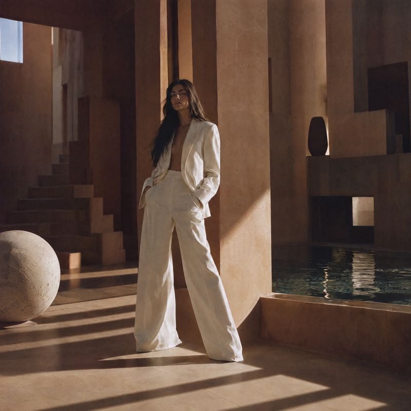 white suit product photo: A woman in a relaxed white suit poses beside a pool in a monumental terracotta interior, with warm directional sunlight and long shad…