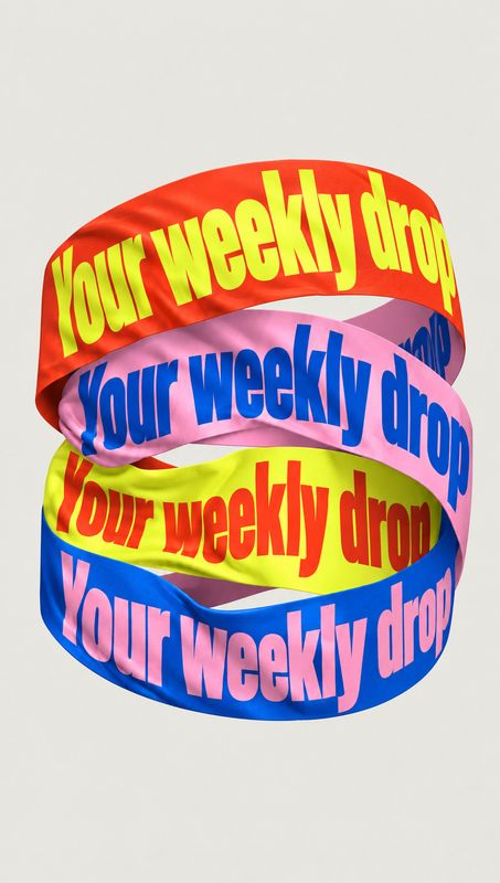packshot product photo: Bright, dimensional ribbons twist together with repeated yellow, blue and pink lettering against a pale neutral background, creating a…