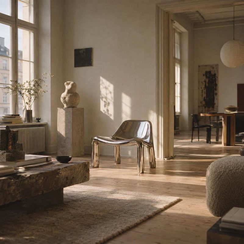 chair interior space product photo: A sculptural chrome chair sits in a warm, art-filled interior as late sunlight streams through tall windows and casts soft…