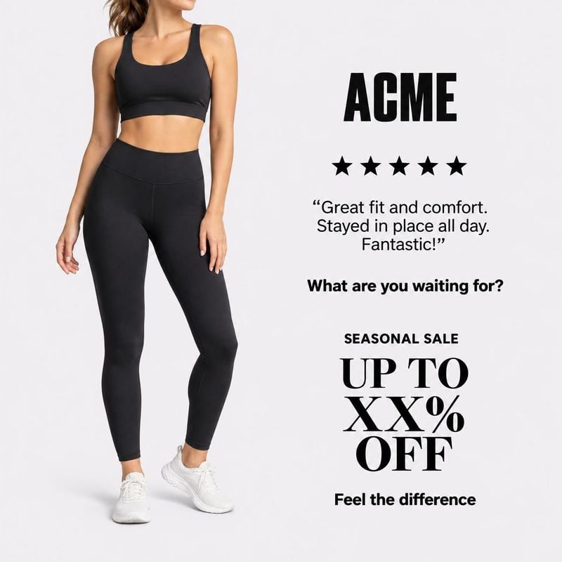 black activewear set black friday product photo: A cropped female model wears a black sports bra and leggings with white sneakers against a pale studio backgro…