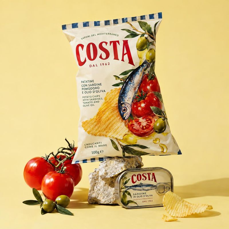 potato chips with sardines, tomato and olive oil ingredients product photo: A bag of sardine, tomato and olive oil potato chips and a matching sardine tin are…