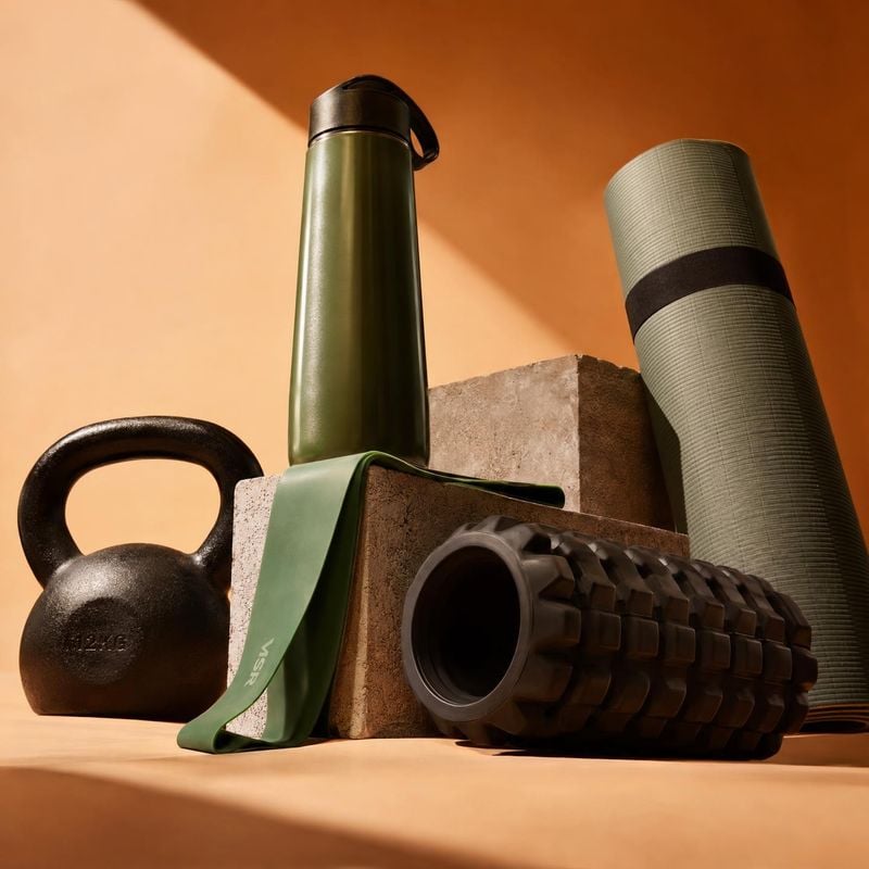 fitness accessories sports product photo: A curated arrangement of a kettlebell, foam roller, exercise mat, resistance band and water bottle is set against war…