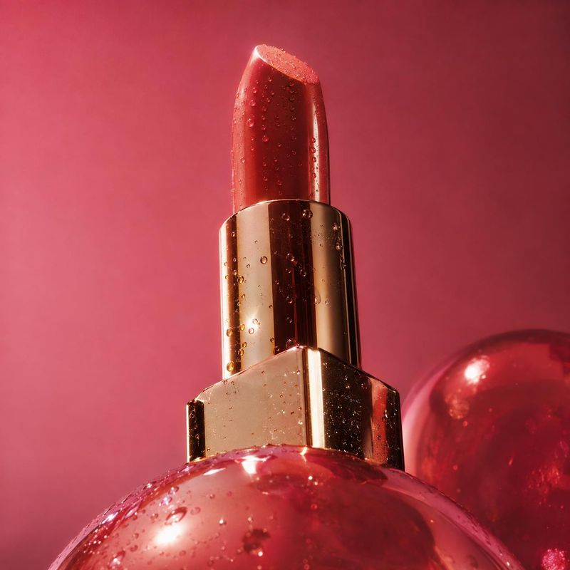 lipstick beauty product photo: A glossy red lipstick in a reflective gold-toned case is beaded with water droplets against a saturated pink-red studio backdrop…