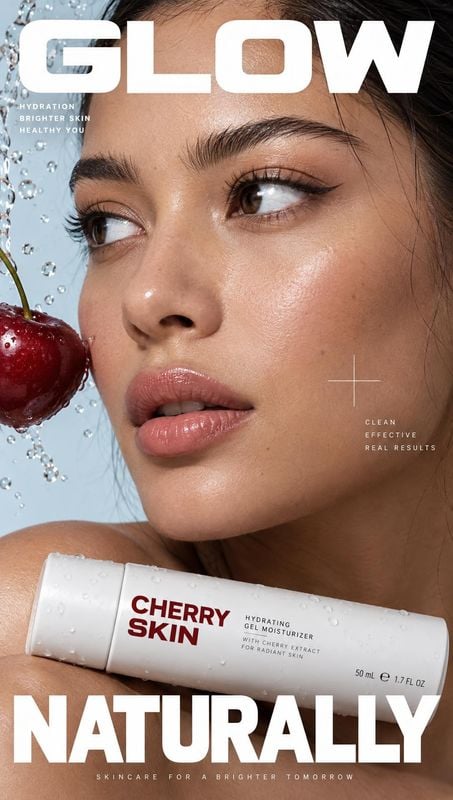 Cherry Skin hydrating gel moisturizer ingredients product photo: A close-up of a woman with dewy skin beside a cherry and a moisturizer tube, styled with water…