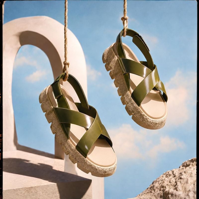 platform sandals floating product product photo: Two olive-green platform sandals hang from ropes against a bright blue sky, framed by sculptural pale stone fo…