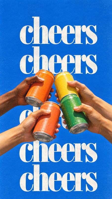 canned drinks product in hand product photo: Several hands toast colorful canned drinks against a vivid blue background, with oversized white “cheers” typograp…