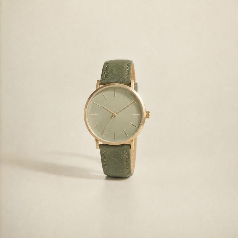 wristwatch jewelry product photo: A minimalist gold-tone wristwatch with a muted green leather strap stands upright against a warm, softly lit neutral backdrop…