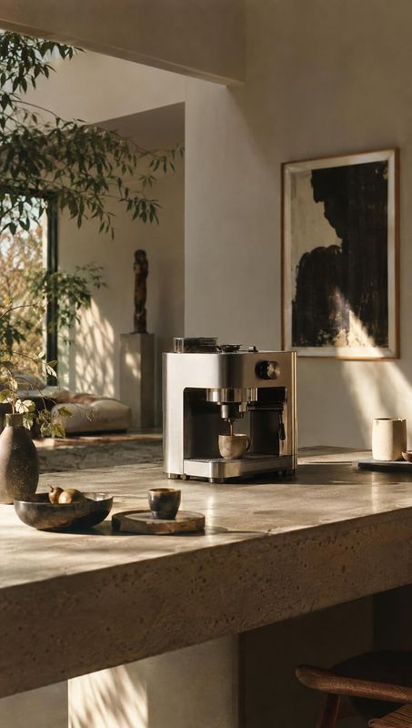 espresso machine lifestyle scene product photo: A stainless-steel espresso machine sits on a stone kitchen island among understated ceramics and fruit, in a wa…
