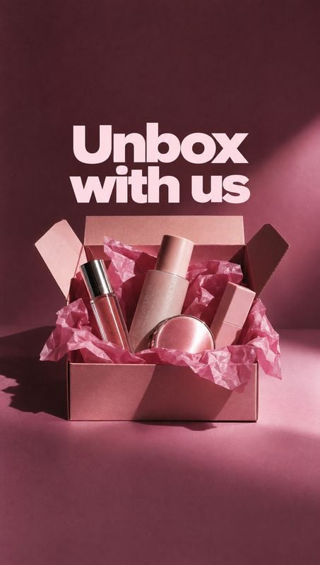 assorted cosmetics group lineup product photo: A curated assortment of cosmetics sits in an open pink gift box surrounded by crumpled tissue, lit dramatically…
