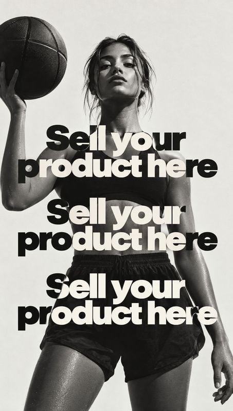 basketball sports product photo: A woman in dark athletic wear poses with a basketball against a pale studio backdrop, while bold repeated promotional letterin…