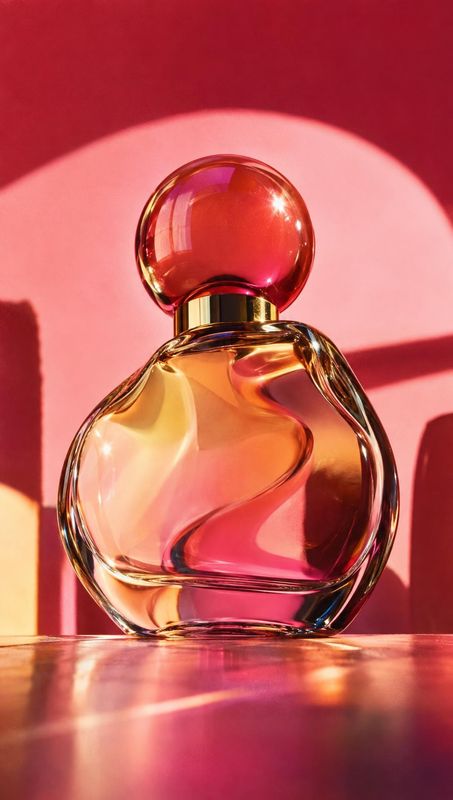 perfume beauty product photo: A sculptural glass perfume bottle filled with warm amber liquid stands against a vivid pink-red backdrop, lit with bright directi…