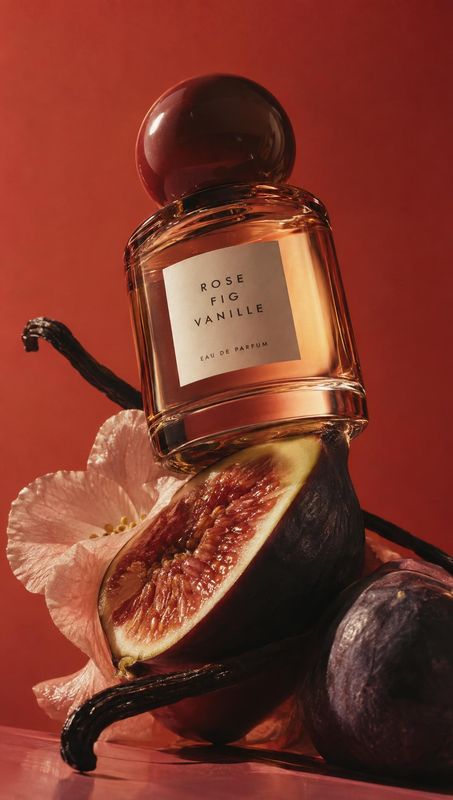 perfume ingredients product photo: An amber perfume bottle labeled “Rose Fig Vanille” is styled among a cut fig, vanilla pods, and pale flowers against a warm…