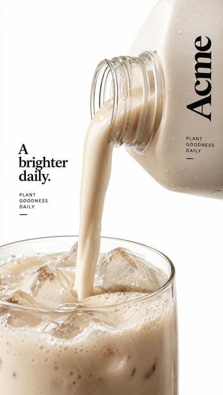 plant-based beverage splash / pour product photo: A creamy plant-based drink pours into an iced glass against a bright white studio background, with bold black…
