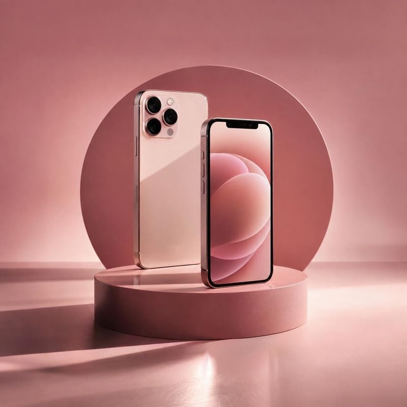 smartphones electronics product photo: Two rose-gold smartphones stand on a sculptural pedestal against a monochromatic pink studio backdrop, lit with soft dir…