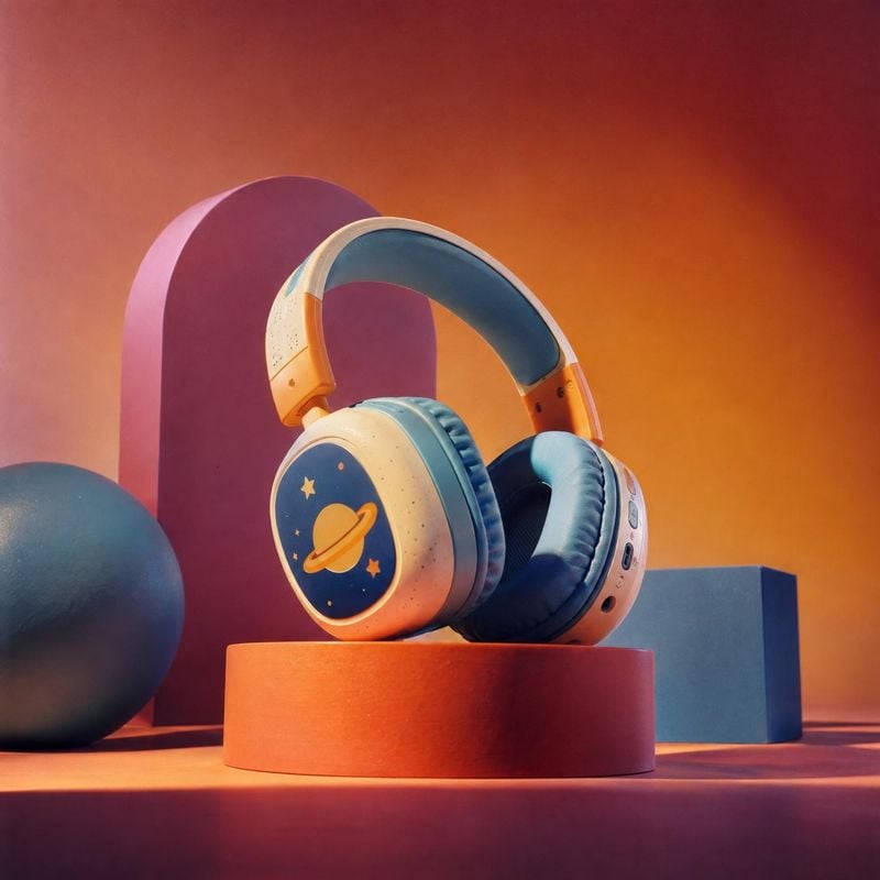 headphones electronics product photo: Colorful over-ear headphones with a playful planet motif rest on a red pedestal among geometric props, lit with warm oran…