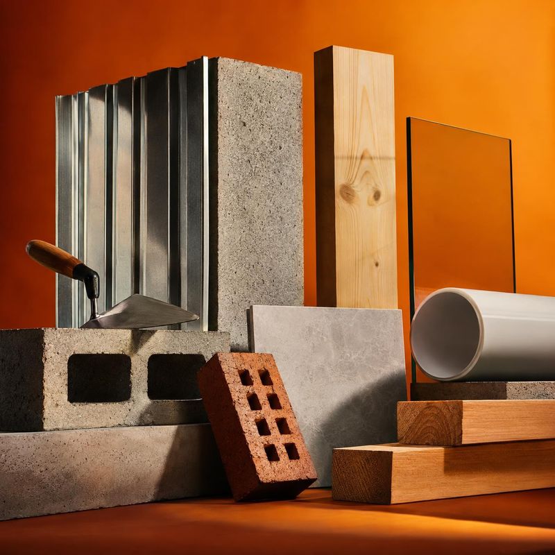 construction material samples texture / swatch product photo: An artfully arranged selection of concrete, metal, wood, brick and pipe samples sits against a vi…