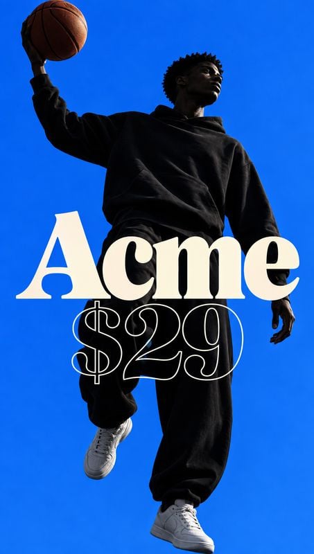 black tracksuit and sneakers action & motion product photo: A model in a black tracksuit and white sneakers leaps with a basketball against a vivid blue backdr…