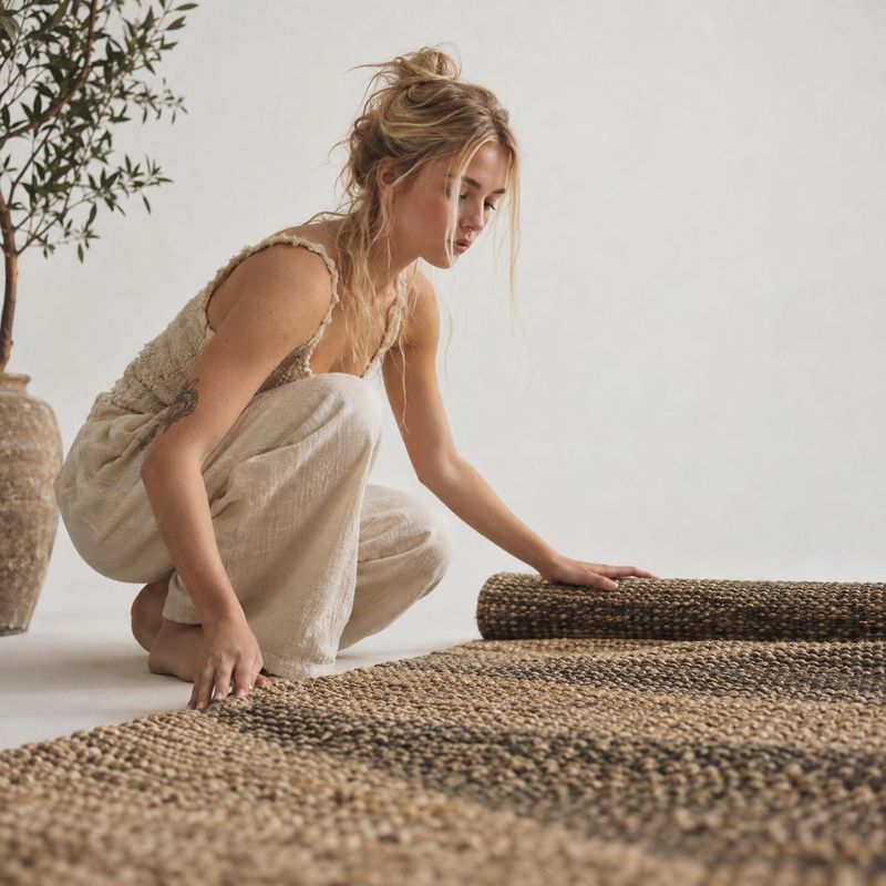 woven rug lifestyle scene product photo: A woman in relaxed natural-fiber clothing crouches beside a chunky woven rug in a softly lit, neutral interior, with a…