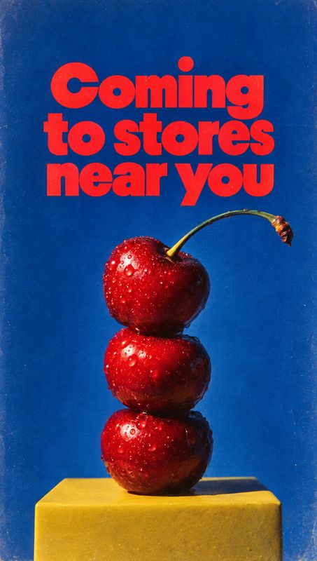 cherries food and drink product photo: Three glossy, water-dappled cherries are stacked on a yellow pedestal against a vivid blue studio backdrop, with bold re…