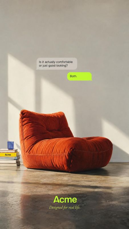 armchair lifestyle scene product photo: A plush rust-colored armchair sits in a sunlit minimalist interior, with conversational chat bubbles and a bright lime…