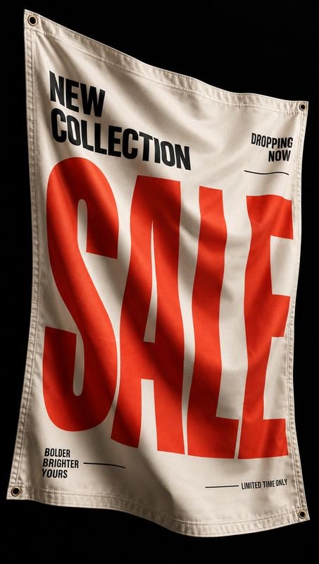 sale promotional banner packshot product photo: A cream fabric banner hangs against a black background, its bold red SALE lettering and smaller black promotion…