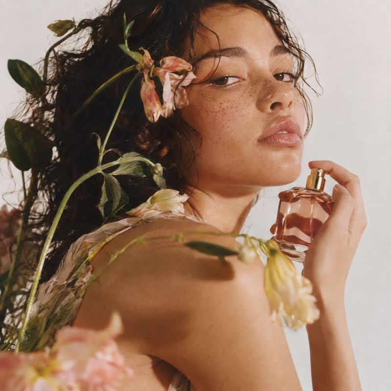 perfume beauty close-up product photo: A freckled woman holds a small amber perfume bottle beside her face, framed by loose dark curls and delicate flowers aga…