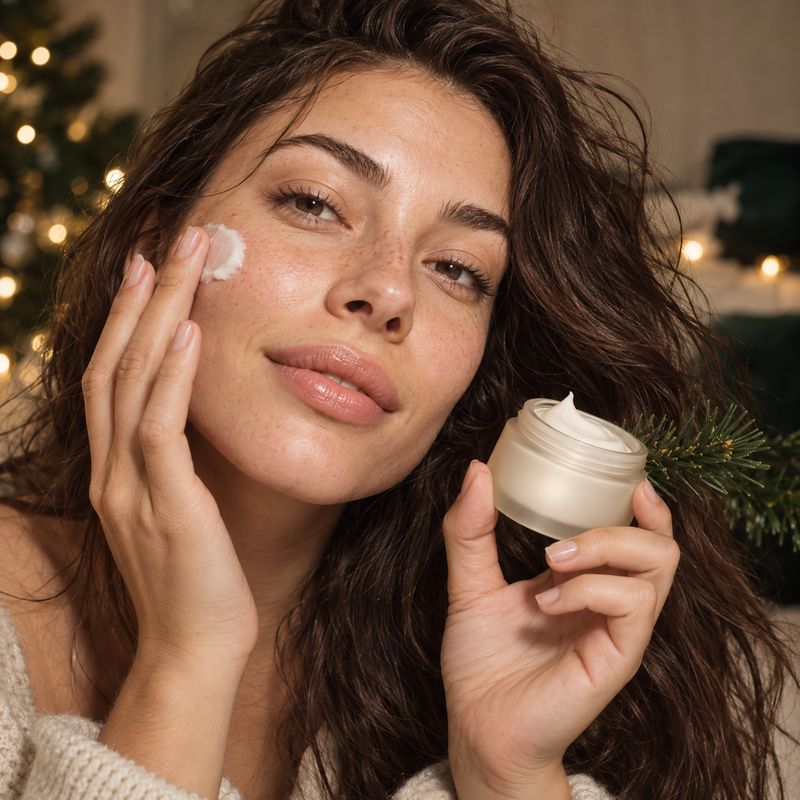 face cream christmas product photo: A close-up of a woman gently applying face cream while holding an open jar, with warm holiday lights and evergreen branches…