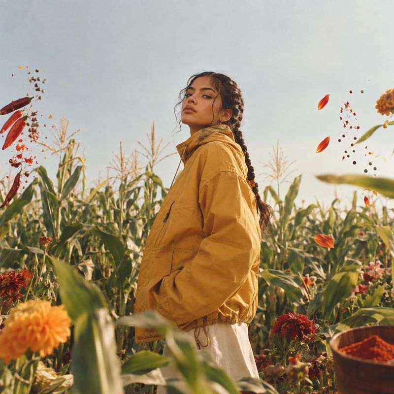 mustard jacket autumn product photo: A woman in a relaxed mustard jacket poses among tall crops and warm autumn flowers in soft golden light, creating an earth…